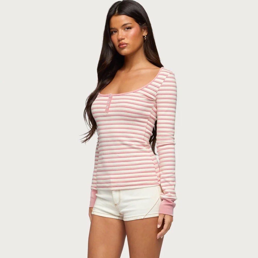 Edikted Pink Striped Long Sleeve Henley Top